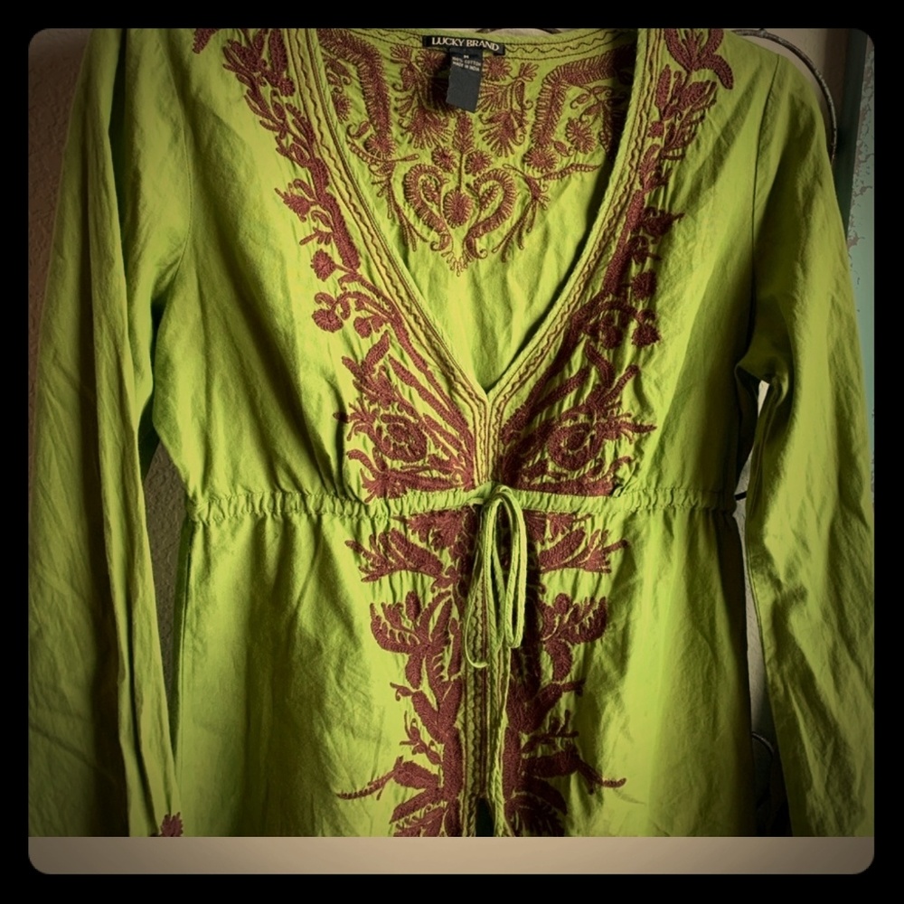 Lucky Brand Green & Brown Embroidered Tunic Sz Medium runs small